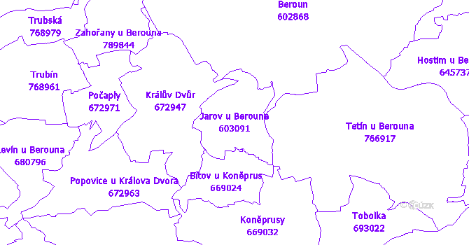 Katastrální mapa Jarov u Berouna - přehledová mapa katastrálního území