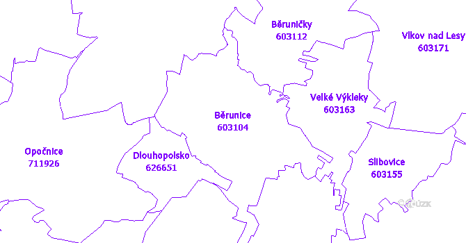 Katastrální mapa Běrunice - přehledová mapa katastrálního území