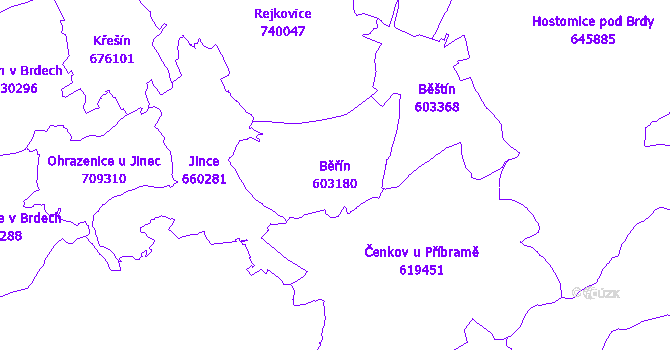 Katastrální mapa Běřín - přehledová mapa katastrálního území