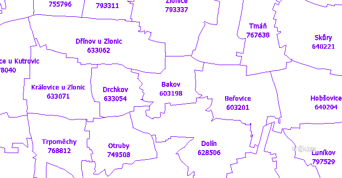 Katastrální mapa Bakov - přehledová mapa katastrálního území