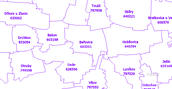Katastrální mapa Beřovice - přehledová mapa katastrálního území