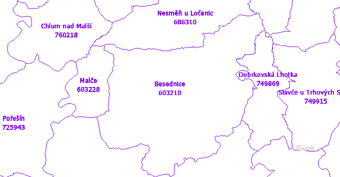Katastrální mapa Besednice - přehledová mapa katastrálního území