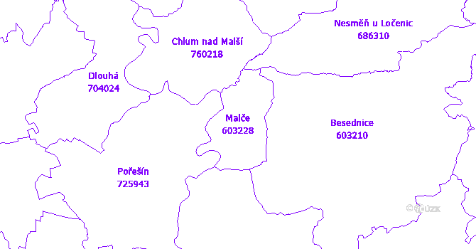 Katastrální mapa Malče - přehledová mapa katastrálního území