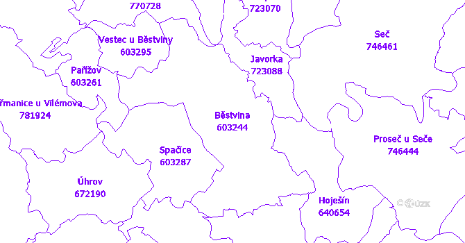 Katastrální mapa Běstvina - přehledová mapa katastrálního území