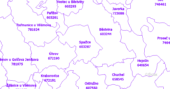 Katastrální mapa Spačice - přehledová mapa katastrálního území