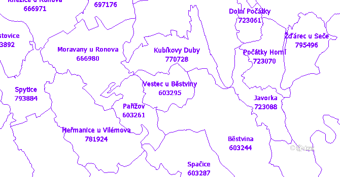 Katastrální mapa Vestec u Běstviny - přehledová mapa katastrálního území