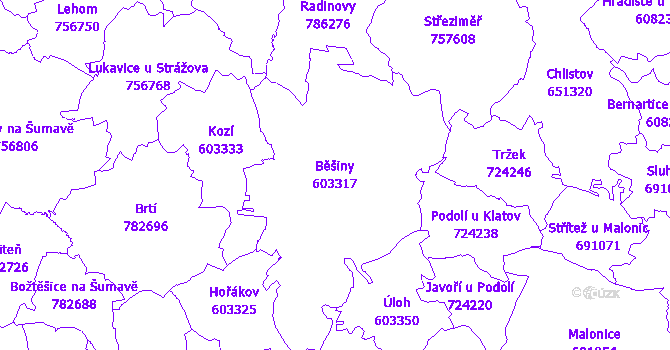 Katastrální mapa Běšiny - přehledová mapa katastrálního území