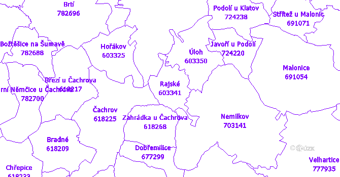 Katastrální mapa Rajské - přehledová mapa katastrálního území