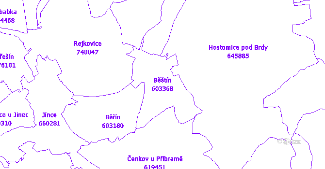 Katastrální mapa Běštín - přehledová mapa katastrálního území