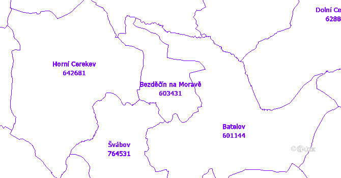 Katastrální mapa Bezděčín na Moravě - přehledová mapa katastrálního území