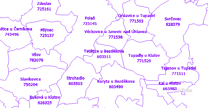Katastrální mapa Tetětice u Bezděkova - přehledová mapa katastrálního území