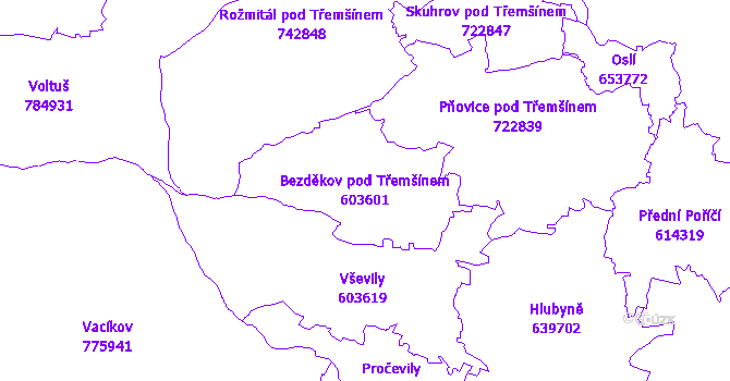 Katastrální mapa Bezděkov pod Třemšínem - přehledová mapa katastrálního území