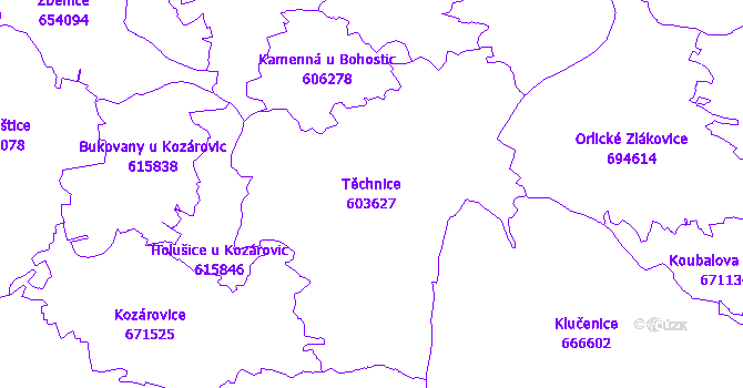 Katastrální mapa Těchnice - přehledová mapa katastrálního území