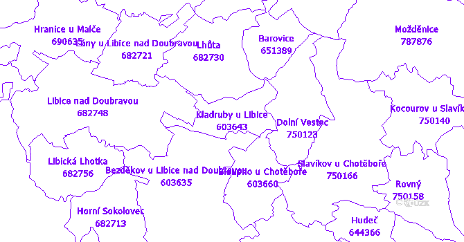 Katastrální mapa Kladruby u Libice - přehledová mapa katastrálního území