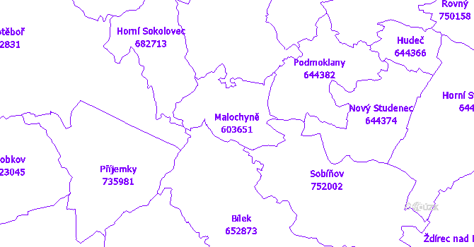 Katastrální mapa Malochyně - přehledová mapa katastrálního území