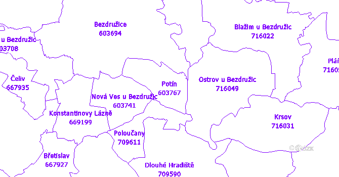 Katastrální mapa Potín - přehledová mapa katastrálního území