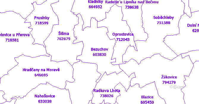 Katastrální mapa Bezuchov - přehledová mapa katastrálního území