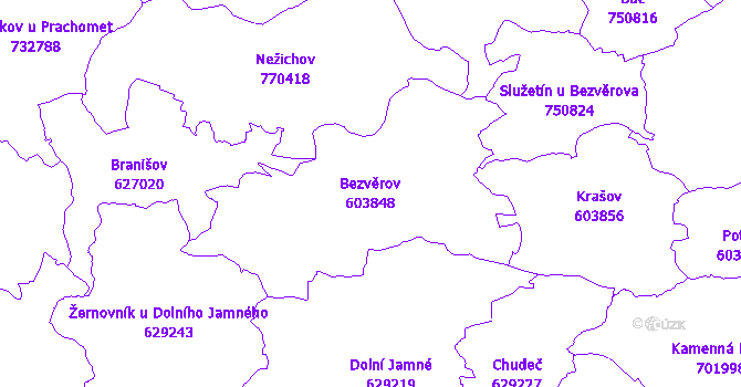 Katastrální mapa Bezvěrov - přehledová mapa katastrálního území
