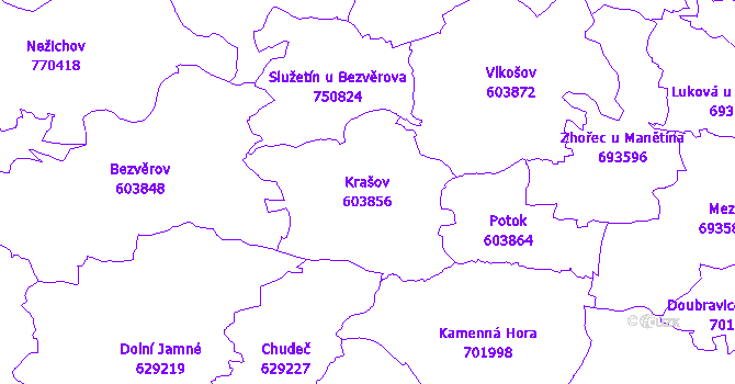Katastrální mapa Krašov - přehledová mapa katastrálního území