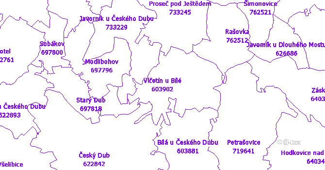 Katastrální mapa Vlčetín u Bílé - přehledová mapa katastrálního území