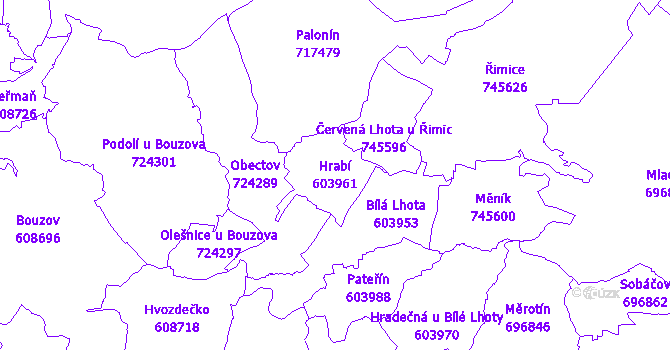 Katastrální mapa Hrabí - přehledová mapa katastrálního území