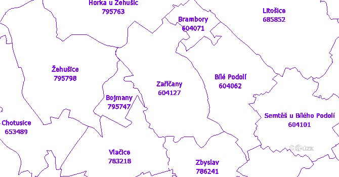 Katastrální mapa Zaříčany - přehledová mapa katastrálního území