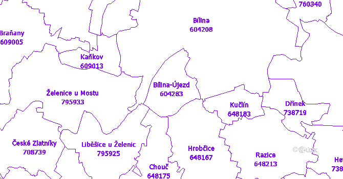 Katastrální mapa Bílina-Újezd - přehledová mapa katastrálního území