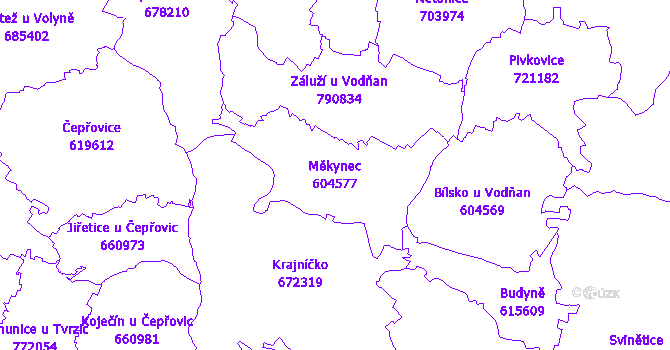 Katastrální mapa Měkynec - přehledová mapa katastrálního území