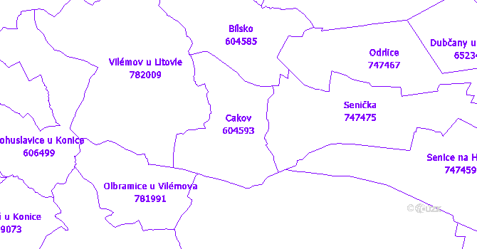 Katastrální mapa Cakov - přehledová mapa katastrálního území