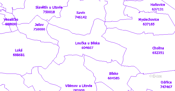 Katastrální mapa Loučka u Bílska - přehledová mapa katastrálního území