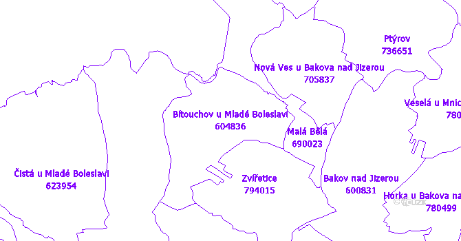 Katastrální mapa Bítouchov u Mladé Boleslavi - přehledová mapa katastrálního území