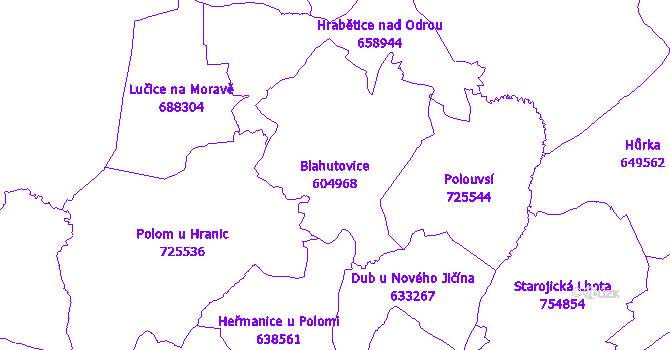 Katastrální mapa Blahutovice - přehledová mapa katastrálního území