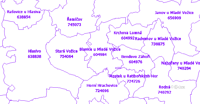 Katastrální mapa Blanice u Mladé Vožice - přehledová mapa katastrálního území