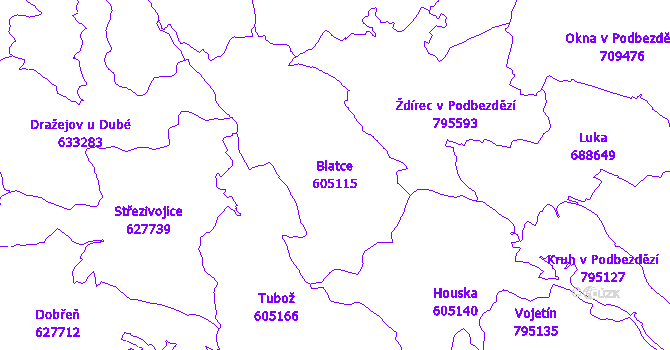 Katastrální mapa Blatce - přehledová mapa katastrálního území