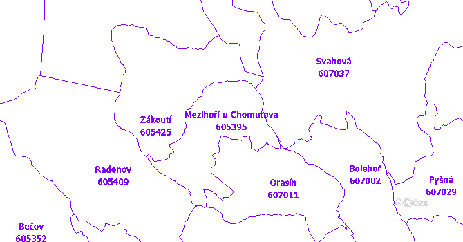 Katastrální mapa Mezihoří u Chomutova - přehledová mapa katastrálního území