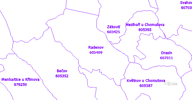 Katastrální mapa Radenov - přehledová mapa katastrálního území