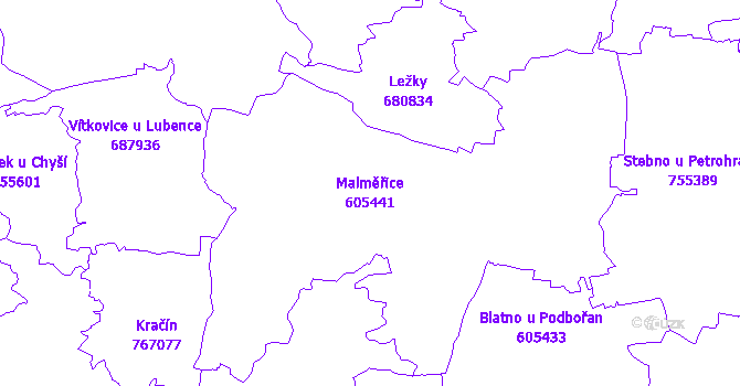 Katastrální mapa Malměřice - přehledová mapa katastrálního území