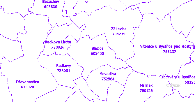 Katastrální mapa Blazice - přehledová mapa katastrálního území