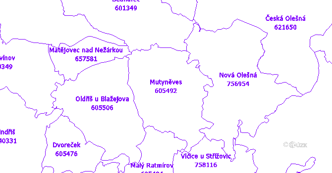 Katastrální mapa Mutyněves - přehledová mapa katastrálního území