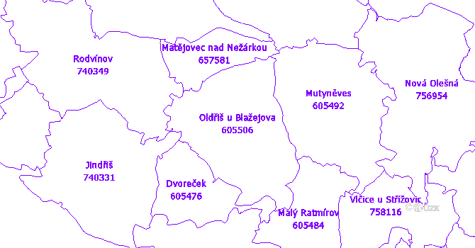 Katastrální mapa Oldřiš u Blažejova - přehledová mapa katastrálního území