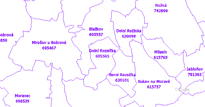 Katastrální mapa Dolní Rozsíčka - přehledová mapa katastrálního území