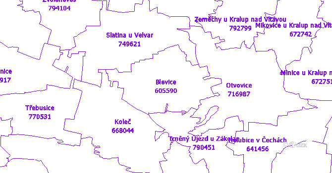 Katastrální mapa Blevice - přehledová mapa katastrálního území