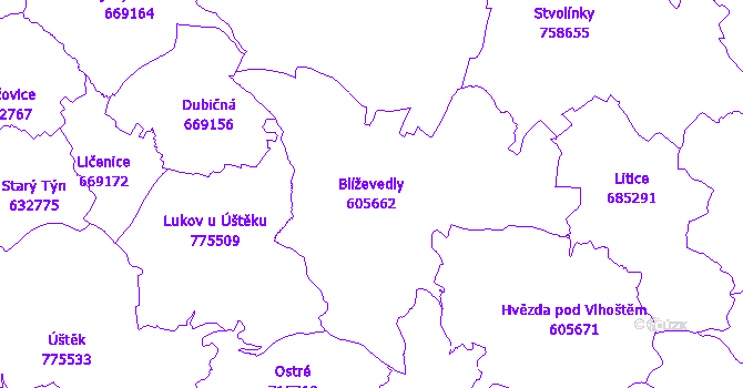 Katastrální mapa Blíževedly - přehledová mapa katastrálního území
