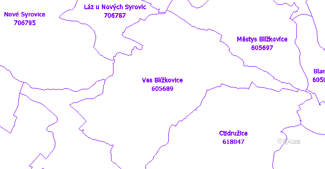 Katastrální mapa Ves Blížkovice - přehledová mapa katastrálního území