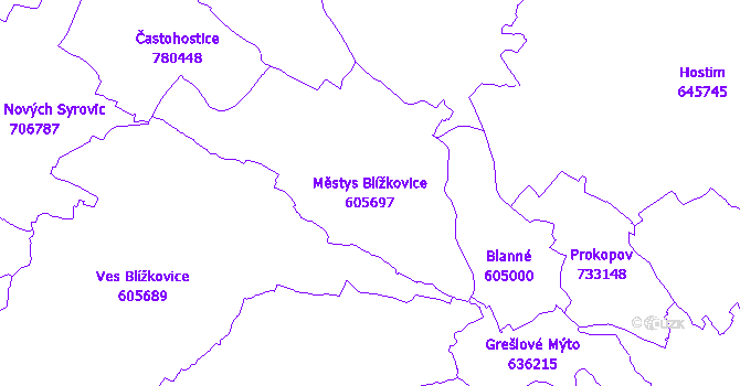 Katastrální mapa Městys Blížkovice