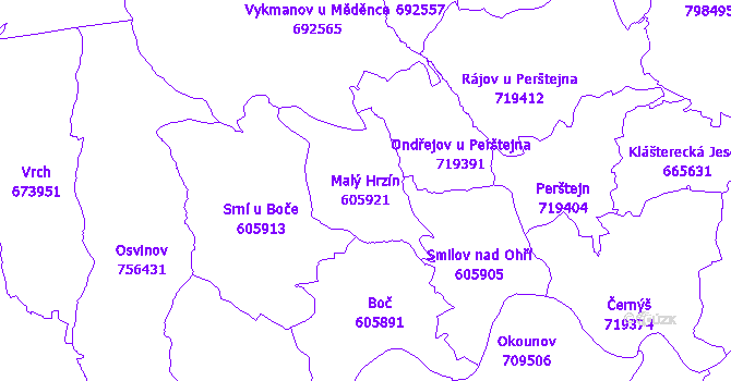 Katastrální mapa Malý Hrzín - přehledová mapa katastrálního území