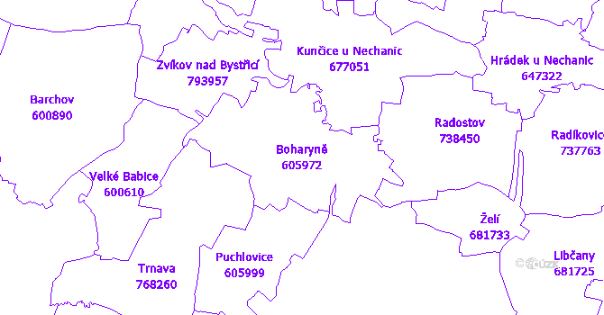 Katastrální mapa Boharyně - přehledová mapa katastrálního území