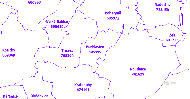 Katastrální mapa Puchlovice - přehledová mapa katastrálního území