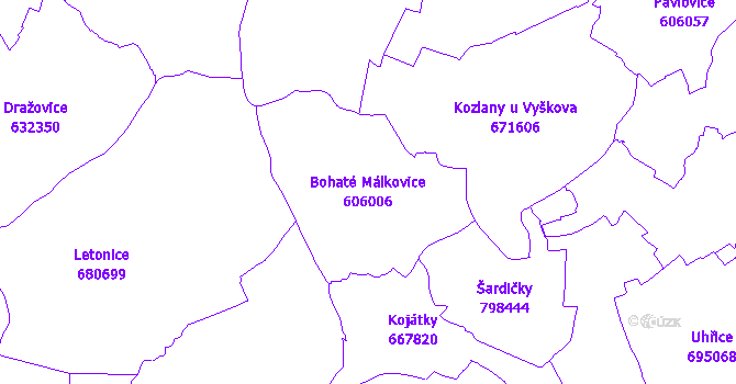 Katastrální mapa Bohaté Málkovice - přehledová mapa katastrálního území