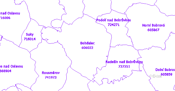 Katastrální mapa Bohdalec - přehledová mapa katastrálního území